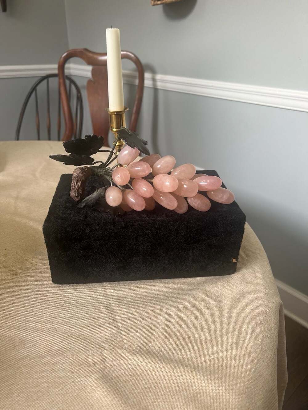 Vintage Chinese Rose Quartz and Jade Grape Cluster Sculpture, 8"